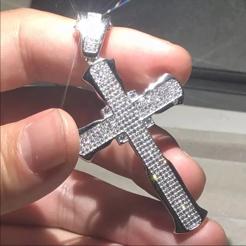 New Luxury 925 Silver Cross Men Women Diamond Necklace - Picture 12 of 16